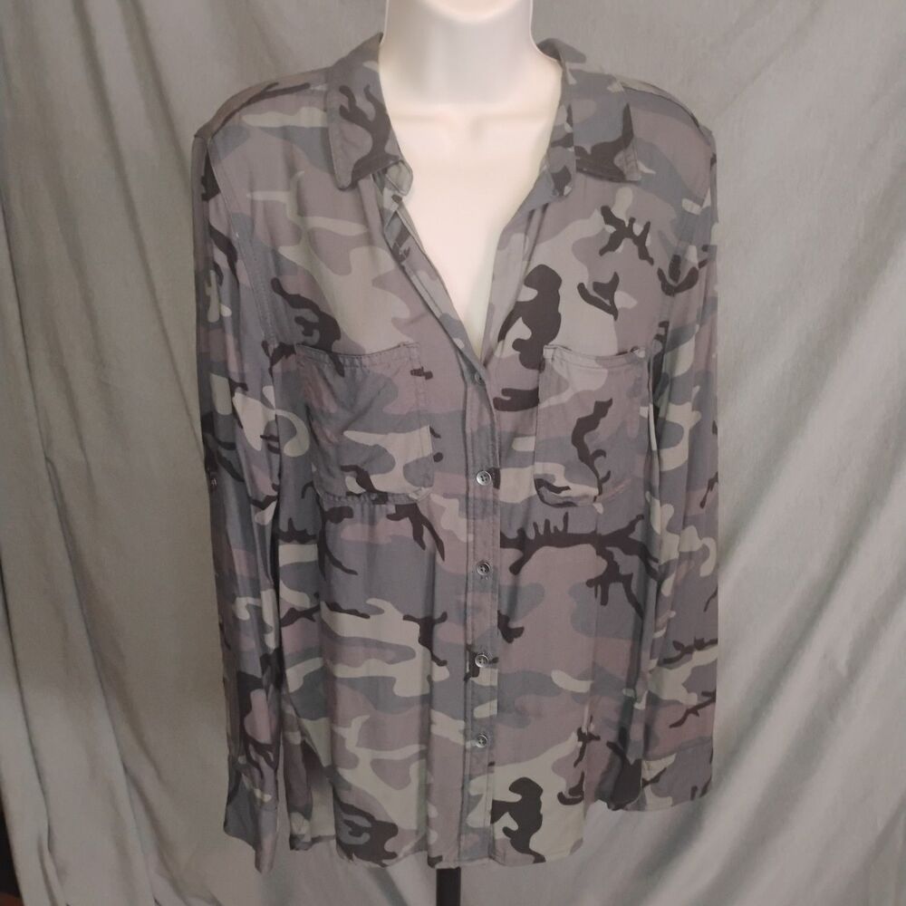 Rock & Republic Camo Button Up Long Roll Tab Sleeve Shirt Camouflage Top Small